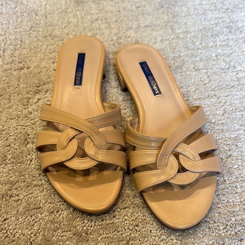 Stuart Weitzman Women’s Tan Leather Knot Slide Sandals